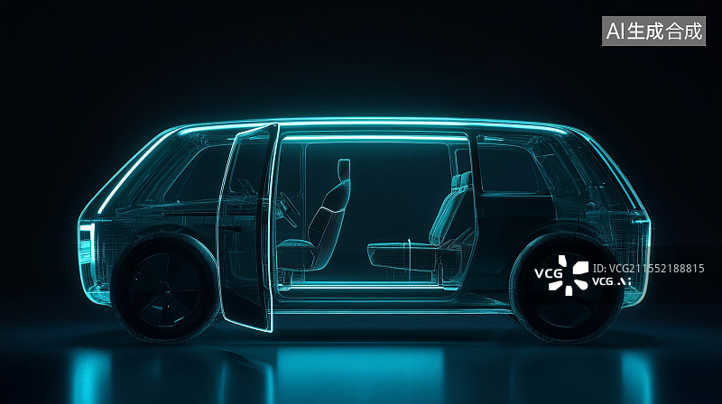 【AI数字艺术】汽车全息线框图。黑色背景上的3D渲染图片素材