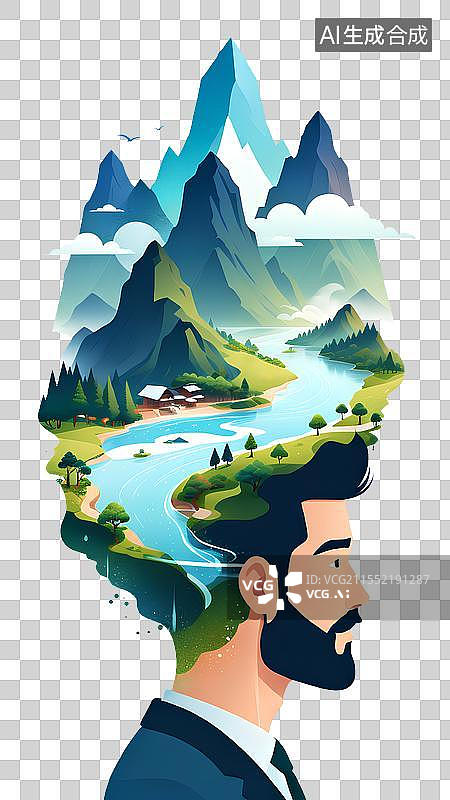 【AI数字艺术】父亲节插画 父爱如山 高山河流风景图片素材