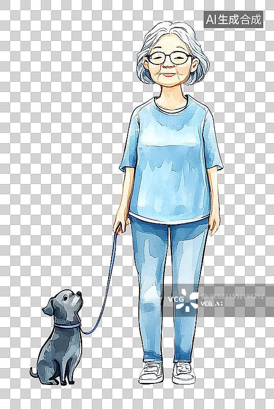 【AI数字艺术】老人遛狗图片素材