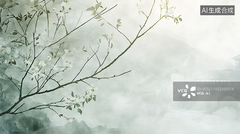 【AI数字艺术】AIGC：浓雾下的植物，国风水墨画图片素材