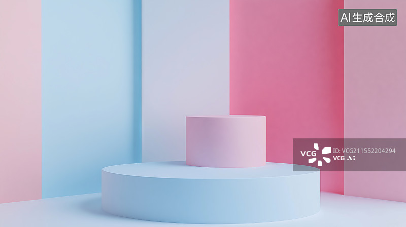 【AI数字艺术】粉蓝配色几何体背景产品展示台图片素材