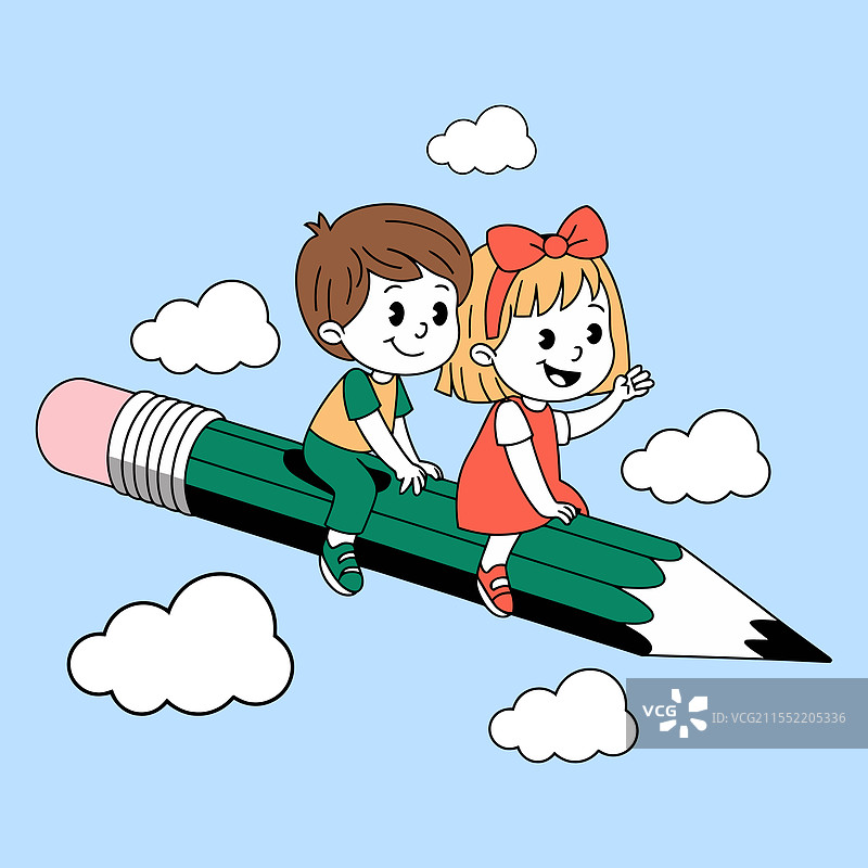 孩子们在铅笔上飞翔图片素材