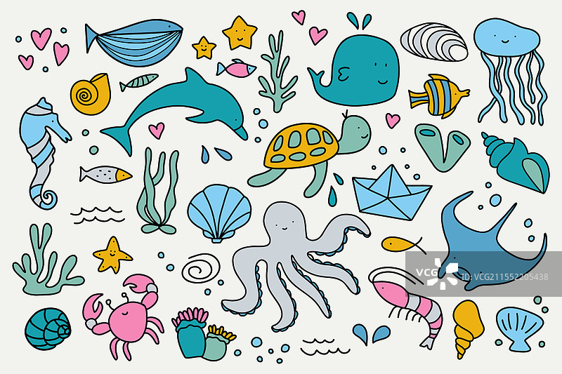 可爱的海洋生物涂鸦元素图片素材