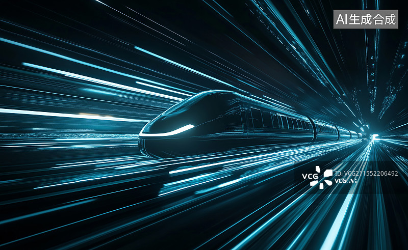 【AI数字艺术】科技感的高速列车在铁轨上运行。运动中的火车图片素材