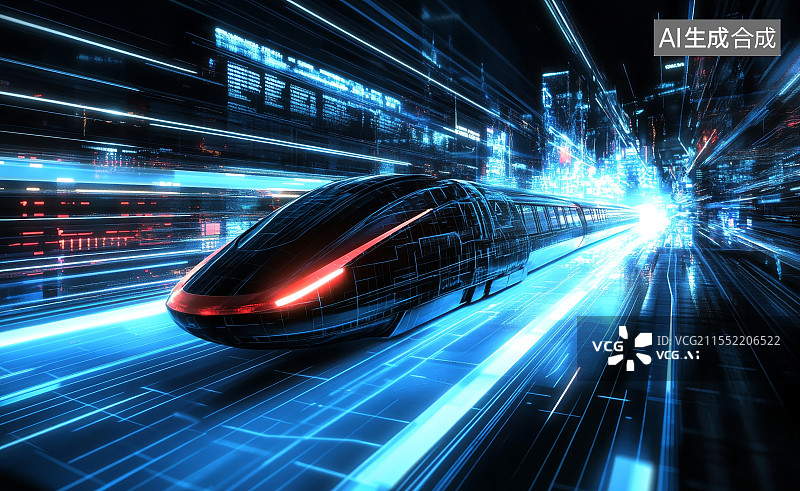 【AI数字艺术】科技感的高速列车在铁轨上运行。运动中的火车图片素材