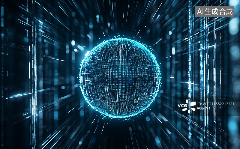 【AI数字艺术】带有粒子和线条的抽象蓝色科幻球体。世界上的技术网络连接图片素材