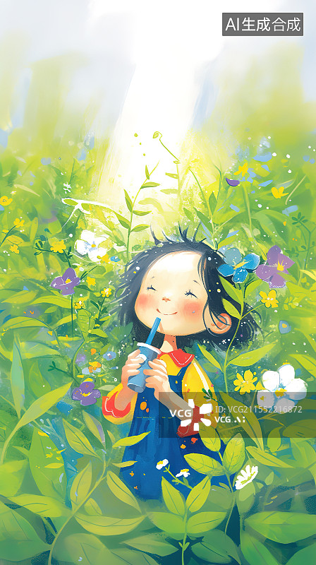 【AI数字艺术】治愈系春天种子发芽儿童绘本风水彩插画图片素材
