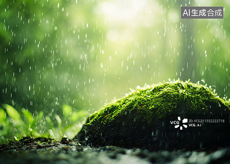 【AI数字艺术】雨水天气-清新的自然和绿色青苔图片素材
