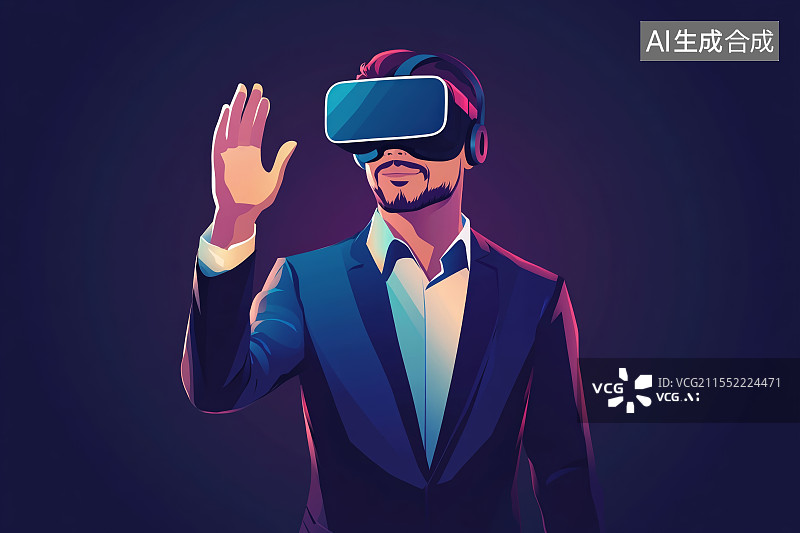 【AI数字艺术】未来，男人戴着VR眼镜在充朋克风的背景下体验虚拟世界带来的快感图片素材