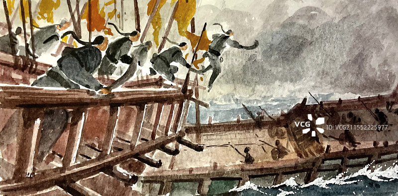 水彩画古代海战图片素材