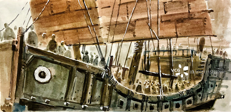 水彩画古代海战图片素材