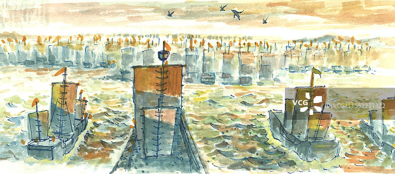 水彩画古代海战图片素材