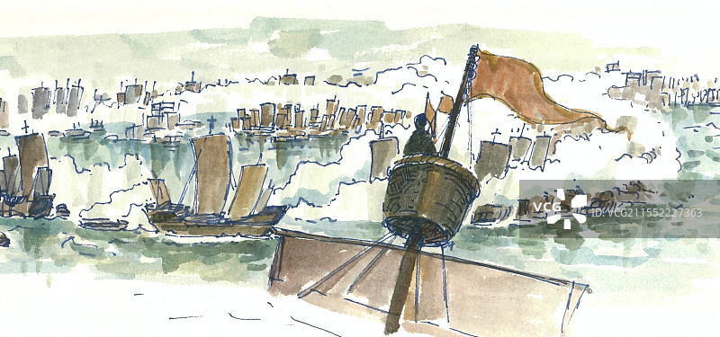 水彩画古代海战图片素材