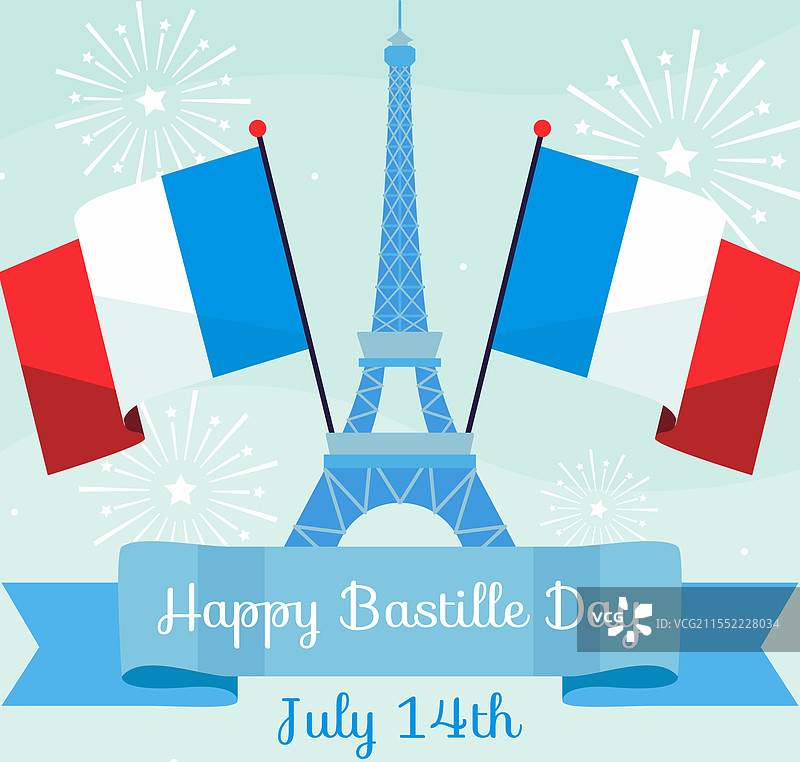 快乐的巴士底日，埃菲尔铁塔与国旗图片素材