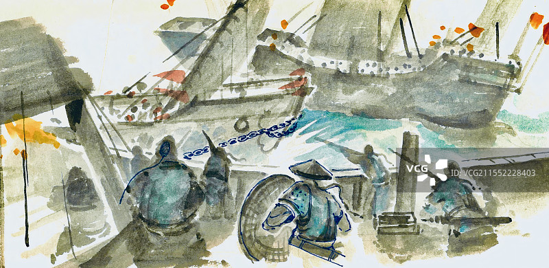 水彩画古代海战图片素材