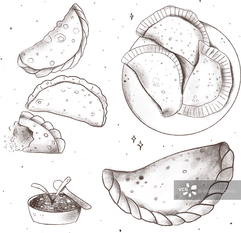 手绘的饺子素描套装图片素材