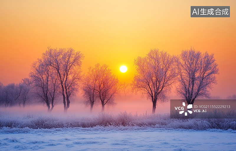 【AI数字艺术】冬天森林的日出，充满的金色的雾气阳光图片素材
