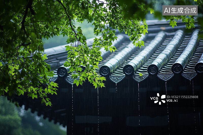 【AI数字艺术】谷雨节气-古建筑的屋檐雨水滴落图片素材