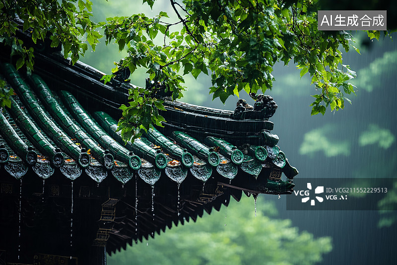【AI数字艺术】谷雨节气-古建筑的屋檐雨水滴落图片素材