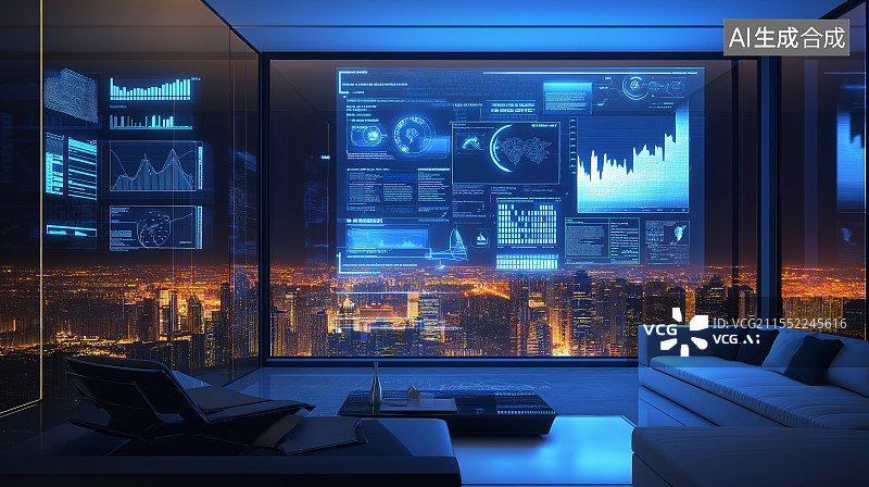【AI数字艺术】未来科技风客厅：巨型全息屏幕与智能家居图片素材