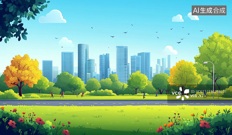 【AI数字艺术】卡通城市公园绿树与高楼景观插画图片素材
