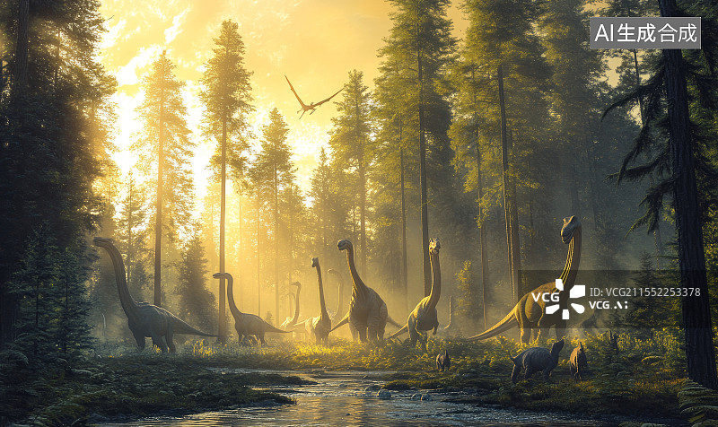 【AI数字艺术】森林中恐龙群活动场景图片素材