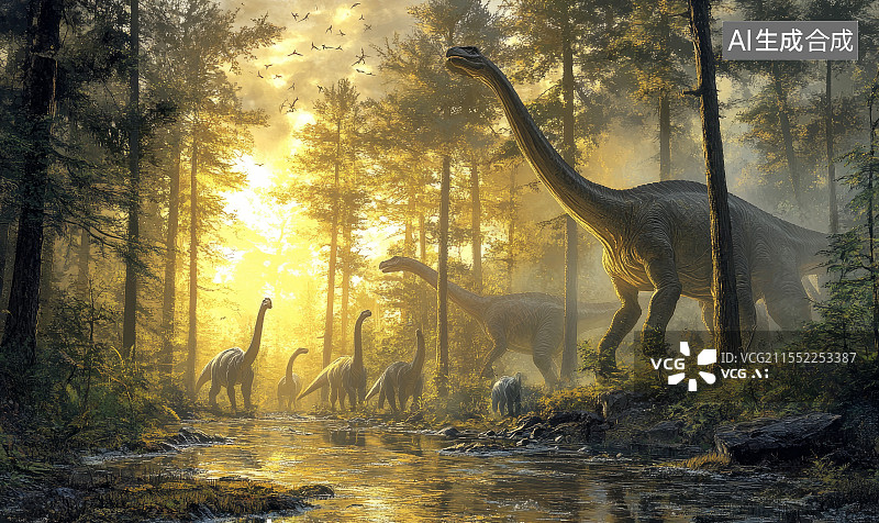 【AI数字艺术】森林中恐龙群活动场景图片素材