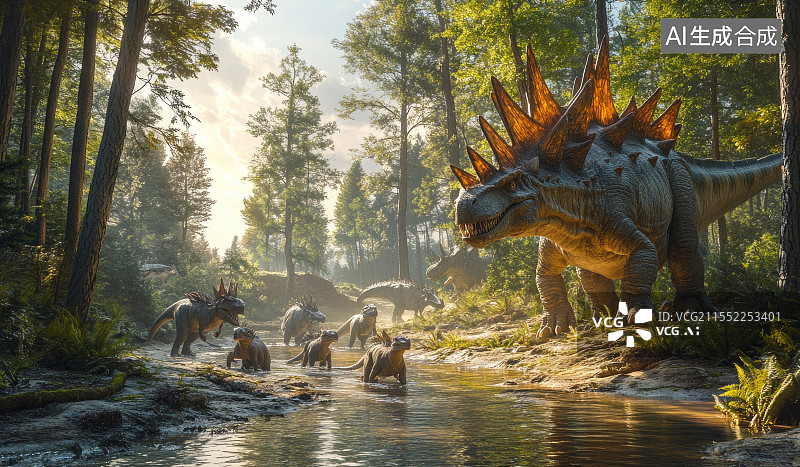 【AI数字艺术】森林中恐龙群活动场景图片素材
