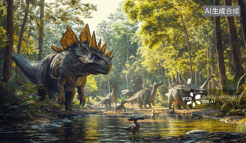 【AI数字艺术】森林中恐龙群活动场景图片素材