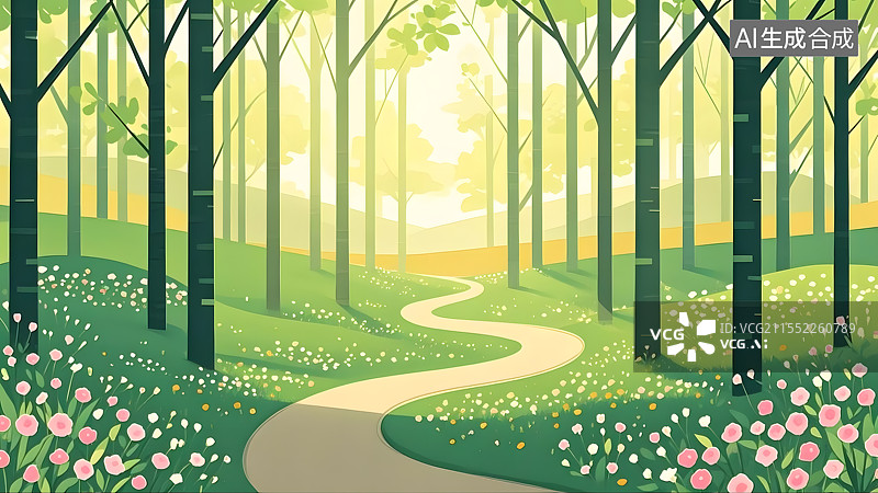 【AI数字艺术】春天公园里的树木插画背景图片素材