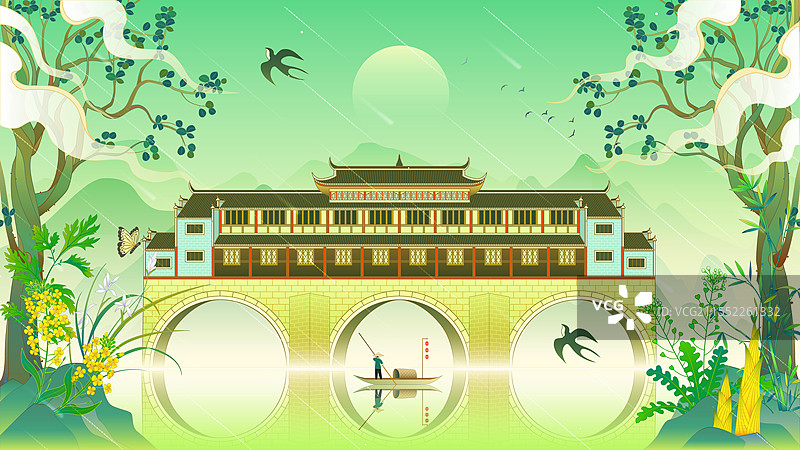 湘西凤凰古城春天雨水国风插画图片素材