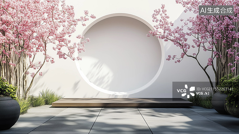 【AI数字艺术】中式庭院圆月门前盛开的樱花图片素材