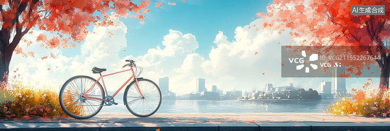 【AI数字艺术】城市河畔秋景插画：自行车与秋叶的浪漫邂逅图片素材