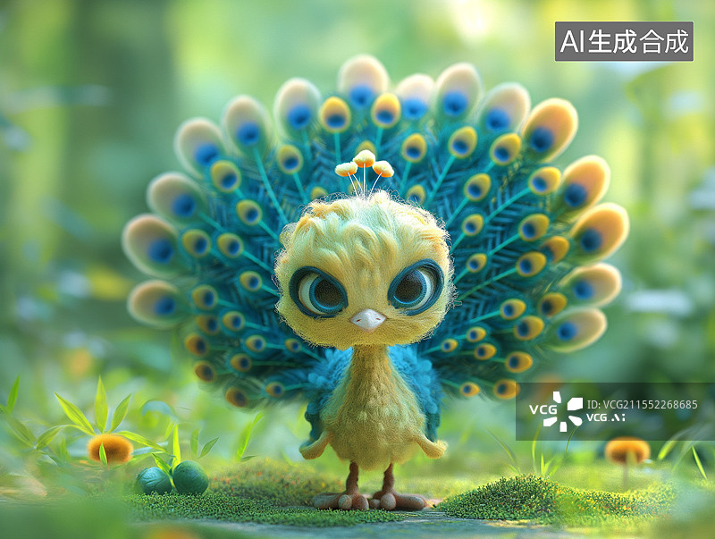 【AI数字艺术】一只可爱的3D卡通小孔雀图片素材