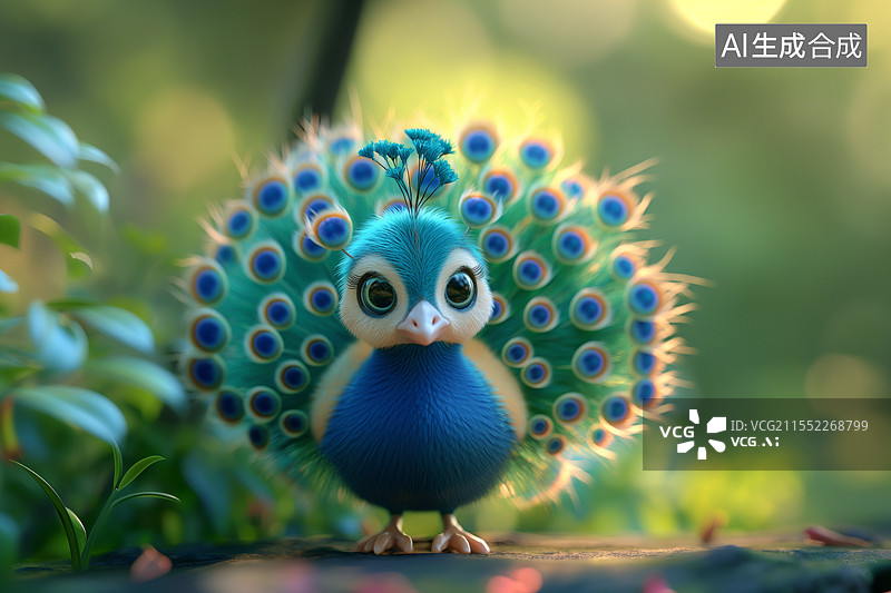 【AI数字艺术】一只可爱的3D卡通小孔雀图片素材