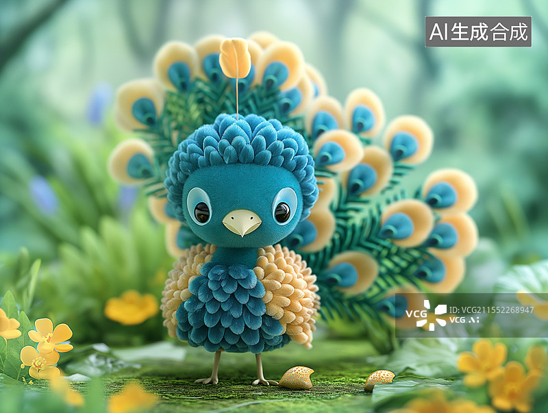 【AI数字艺术】一只可爱的3D卡通小孔雀图片素材