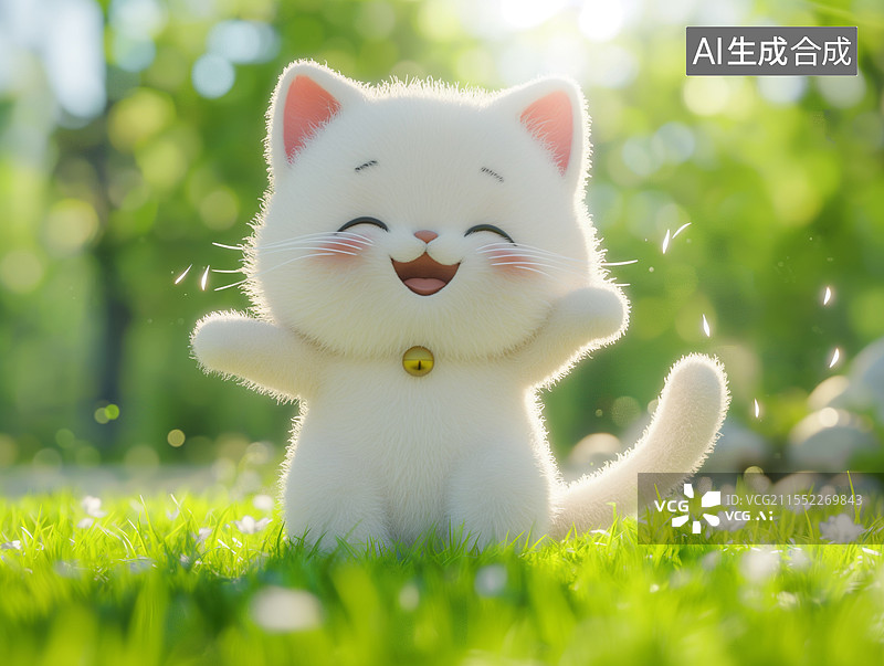 【AI数字艺术】花丛中一只可爱的3D卡通小猫咪图片素材