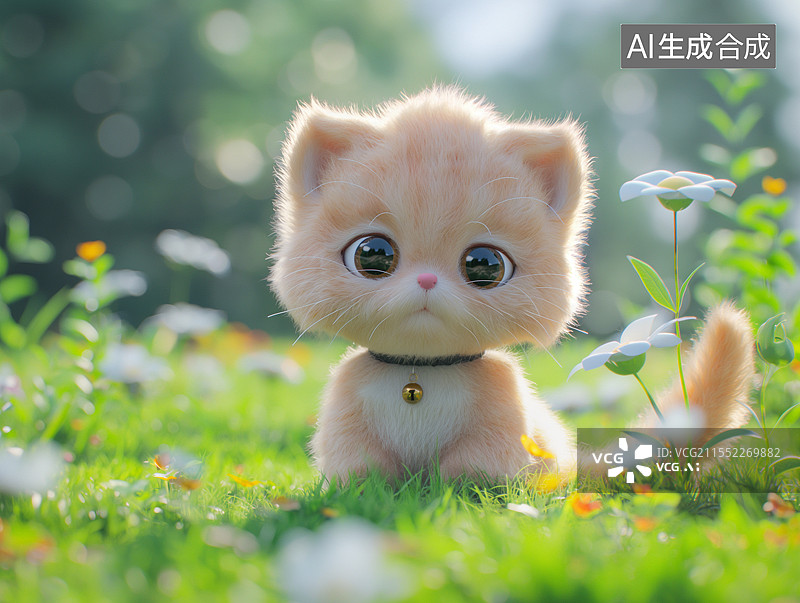 【AI数字艺术】花丛中一只可爱的3D卡通小猫咪图片素材