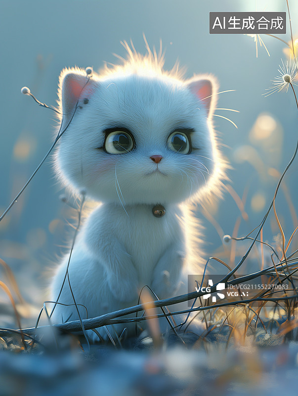 【AI数字艺术】花丛中一只可爱的3D卡通小猫咪图片素材