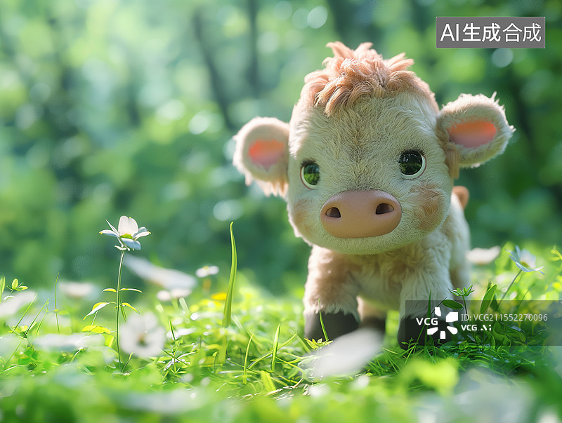 【AI数字艺术】草地上一只可爱的卡通小牛图片素材