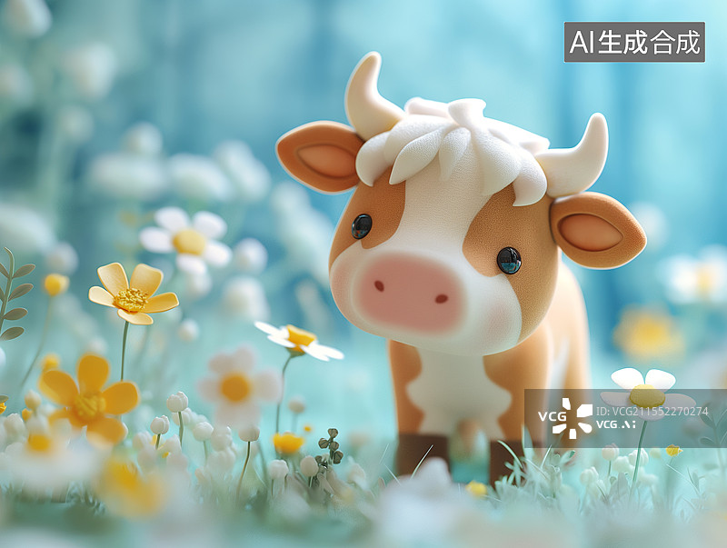 【AI数字艺术】草地上一只可爱的卡通小牛图片素材