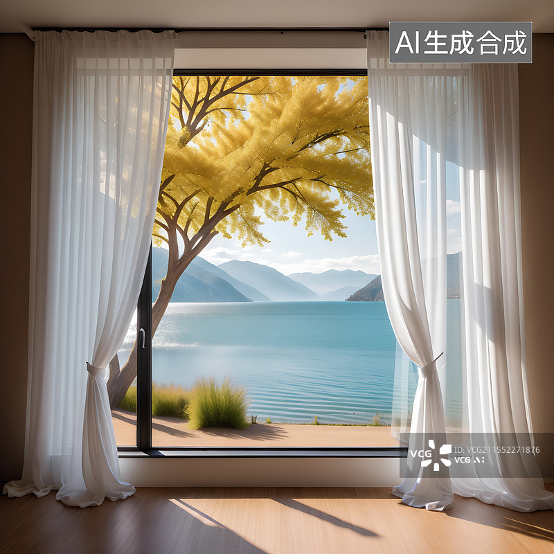 【AI数字艺术】湖边落地窗外风景，金黄色银杏树。图片素材