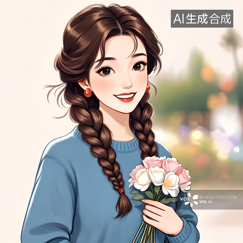 【AI数字艺术】麻花辫美女，穿复古蓝毛衣，手拿一束花。图片素材