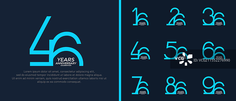 深蓝色背景上的蓝色周年纪念标志组合图片素材