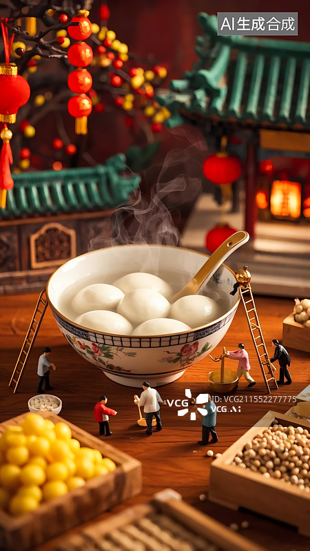 【AI数字艺术】一碗汤圆和中式建筑微缩景观三维插画图片素材