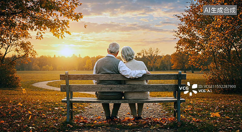 【AI数字艺术】傍晚时分一对老年夫妇坐在公园的长椅上图片素材