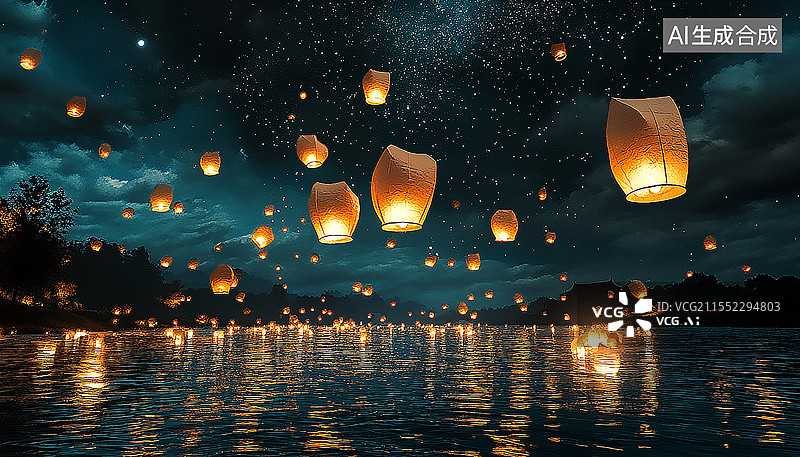 【AI数字艺术】孔明灯河灯宫灯放飞场景图片素材