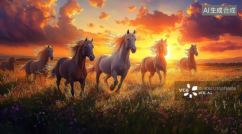【AI数字艺术】马群奔腾狂奔的马群图片素材