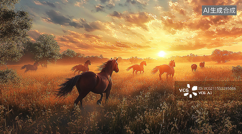 【AI数字艺术】马群奔腾狂奔的马群图片素材