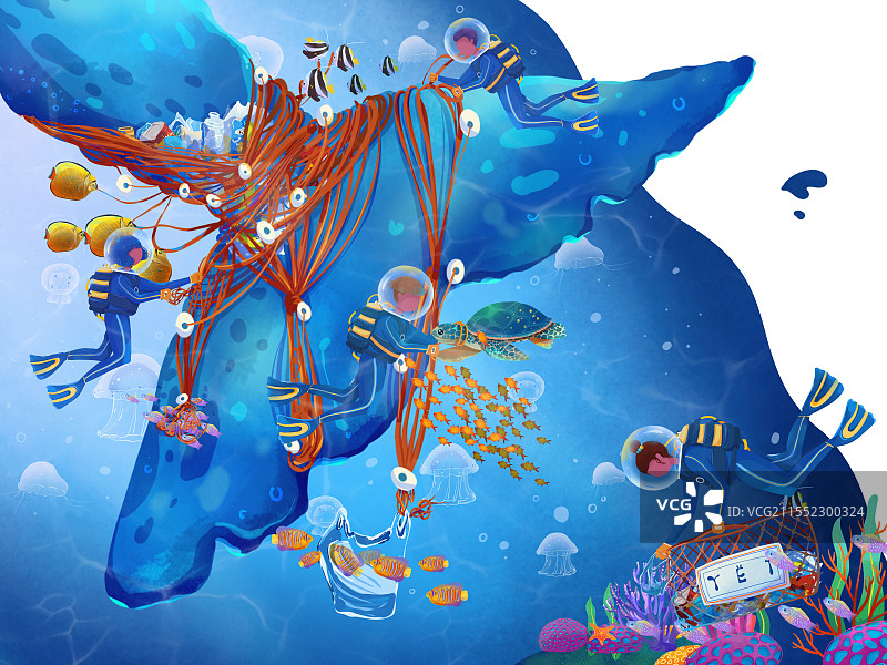 三位公益人员在海底帮助被塑料垃圾缠住的生物图片素材